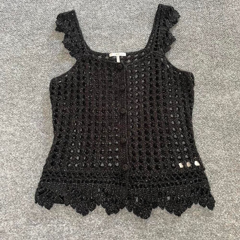 Y2K whimsigoth black crochet metallic button down tank